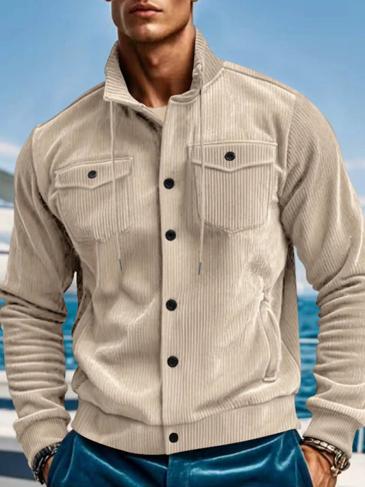 Men's full-size corduroy button-up casual jacket in tan with two chest pockets and black buttons.