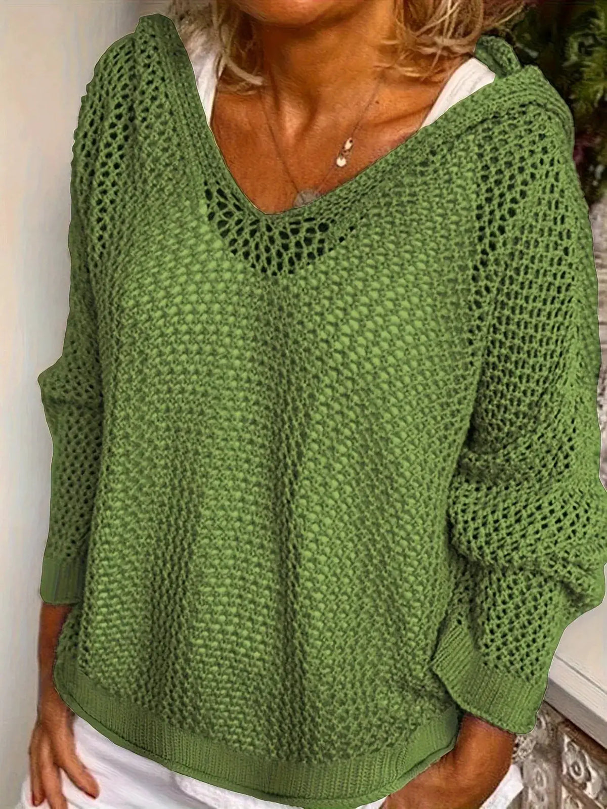 Openwork green knit beach cover-up with long sleeves by Trendsi