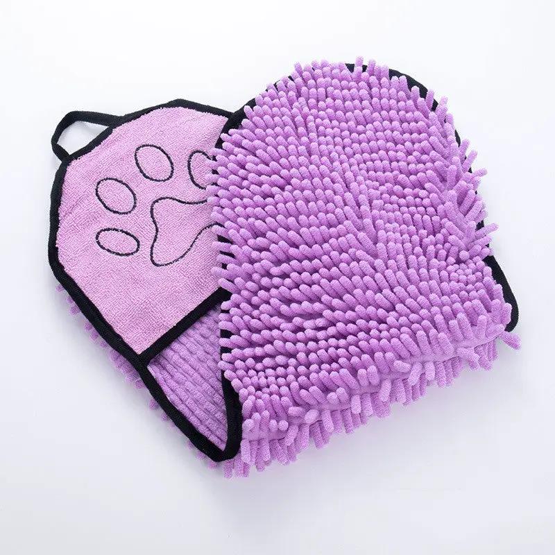 AdTec 2-piece pet towel set for dogs and cats; purple microfiber bath towels, one pink paw-print towel