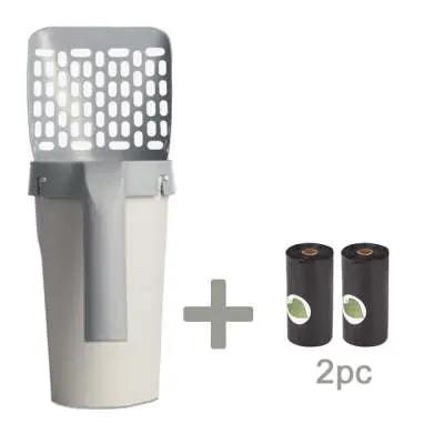Large capacity portable toilet bucket with integrated cat litter scoop, white and gray, includes two small black components