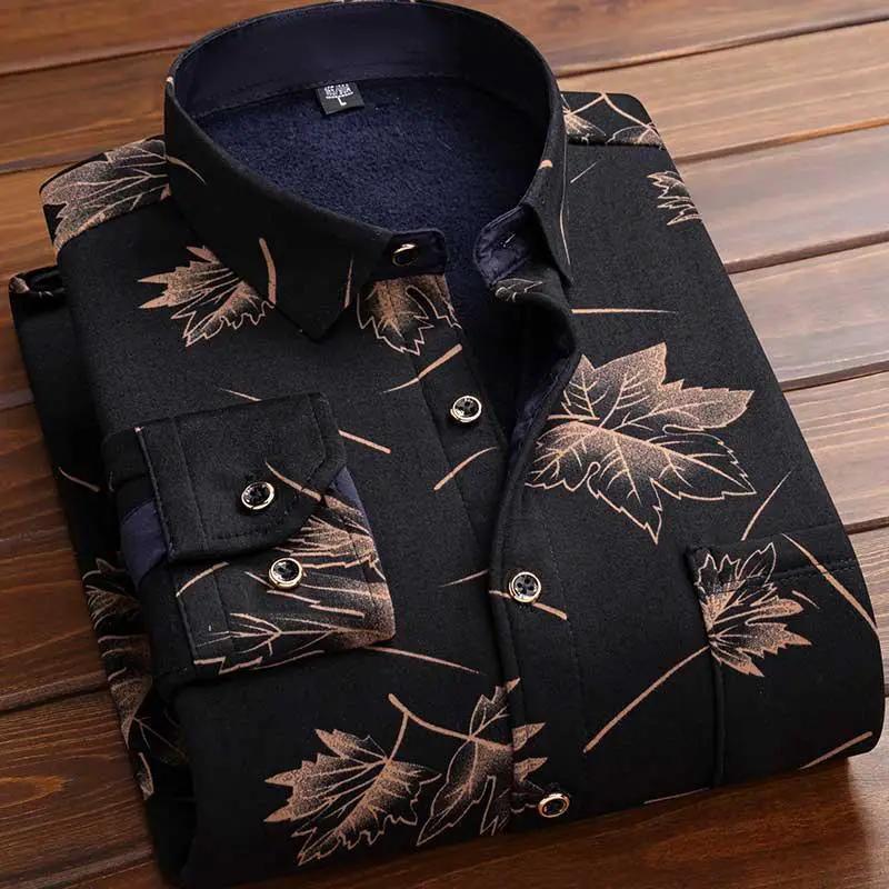 Men's fleece-lined plaid flannel shirt, black with tan leaf pattern, AdTec