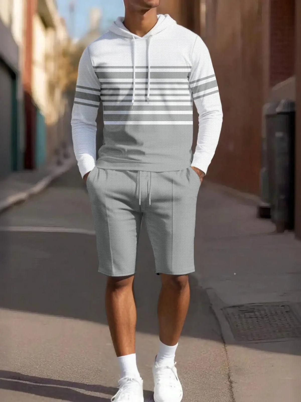 Men's striped hoodie and shorts loungewear set in light gray with darker gray stripes, Trendsi