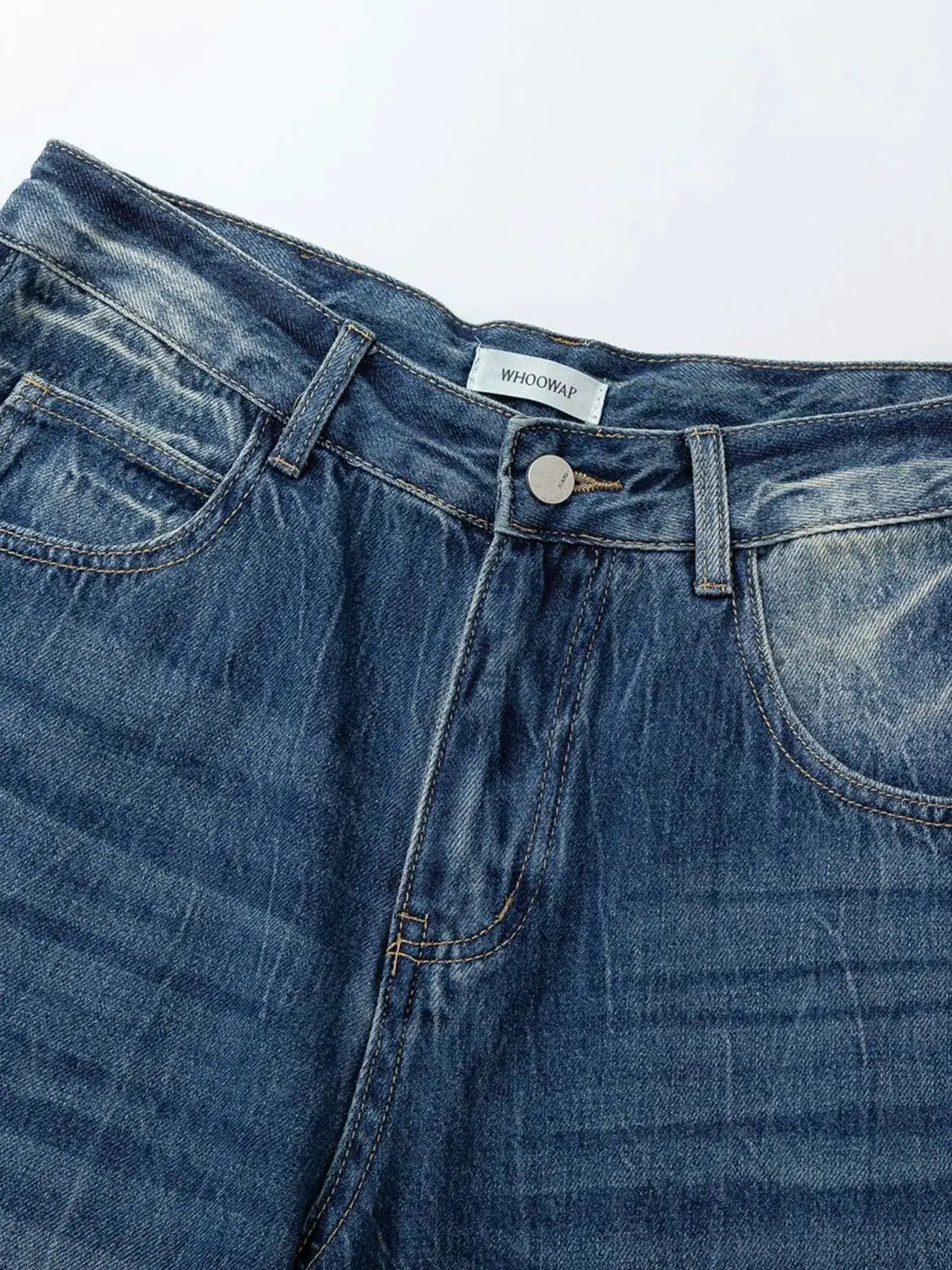 Men's washed denim Bermuda shorts, relaxed fit, pure cotton, blue denim with WHOOWAP label