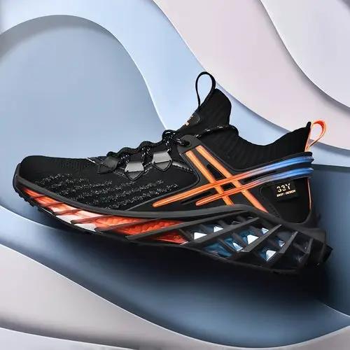 Men Fashion Running Shoes, black with orange accents and a blue-orange gradient midsole.