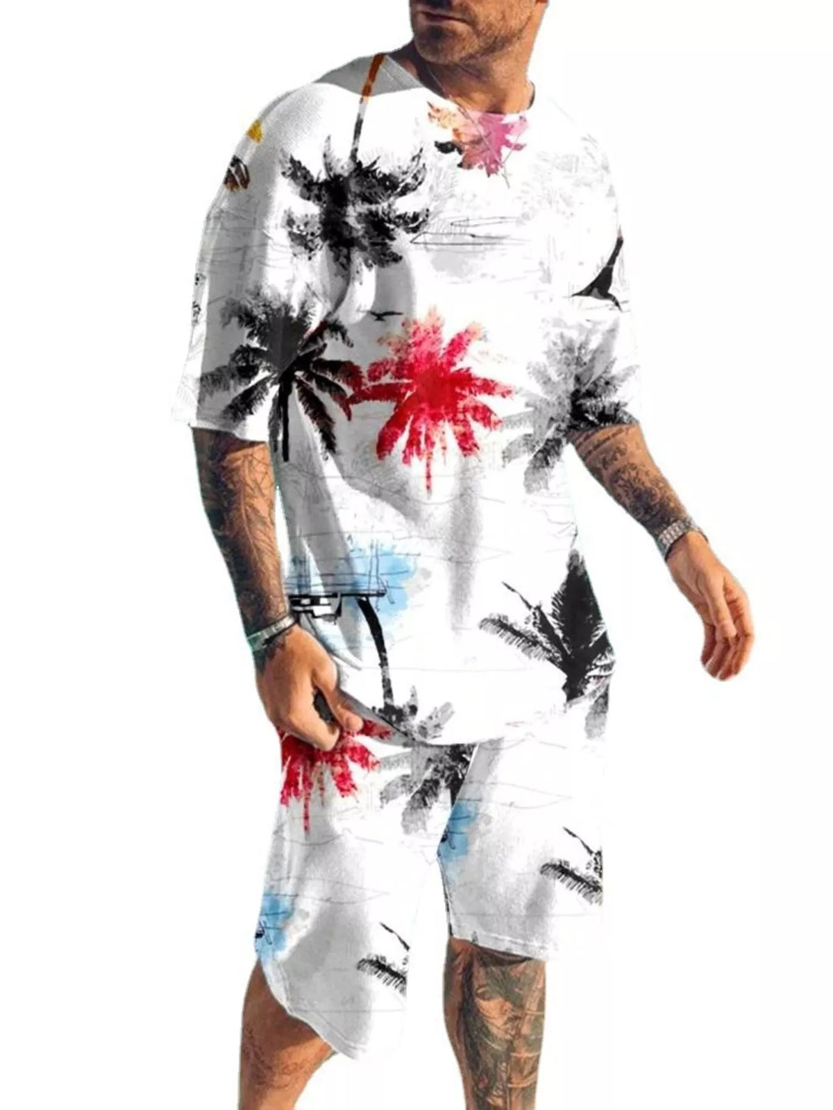 Mens palm tree print two-piece shorts set in white with multicolor palm graphics, Trendsi plus size