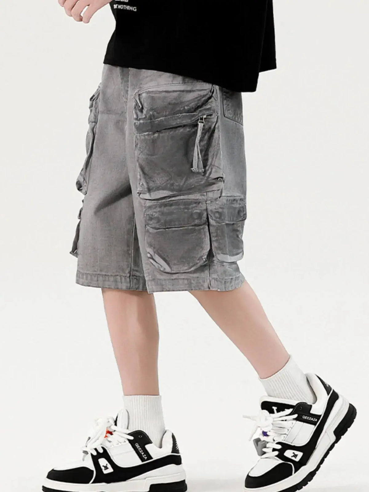 Men's gray wide-leg cargo denim shorts with stretch cotton and multiple pockets