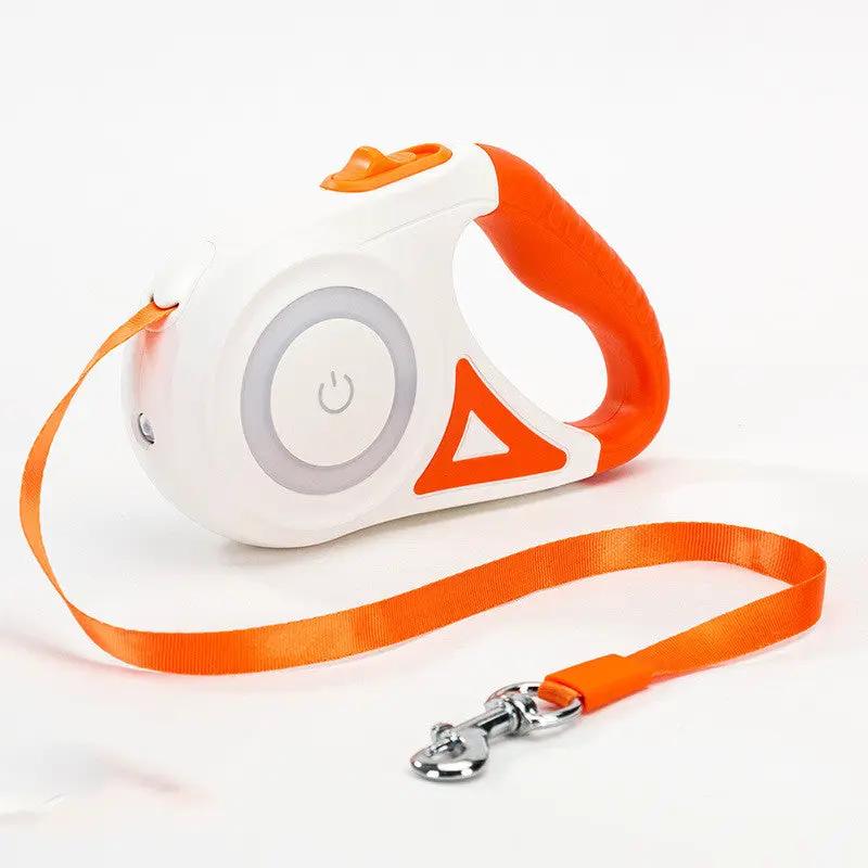 AdTec retractable dog leash with orange strap and white ergonomic handle, metal clasp