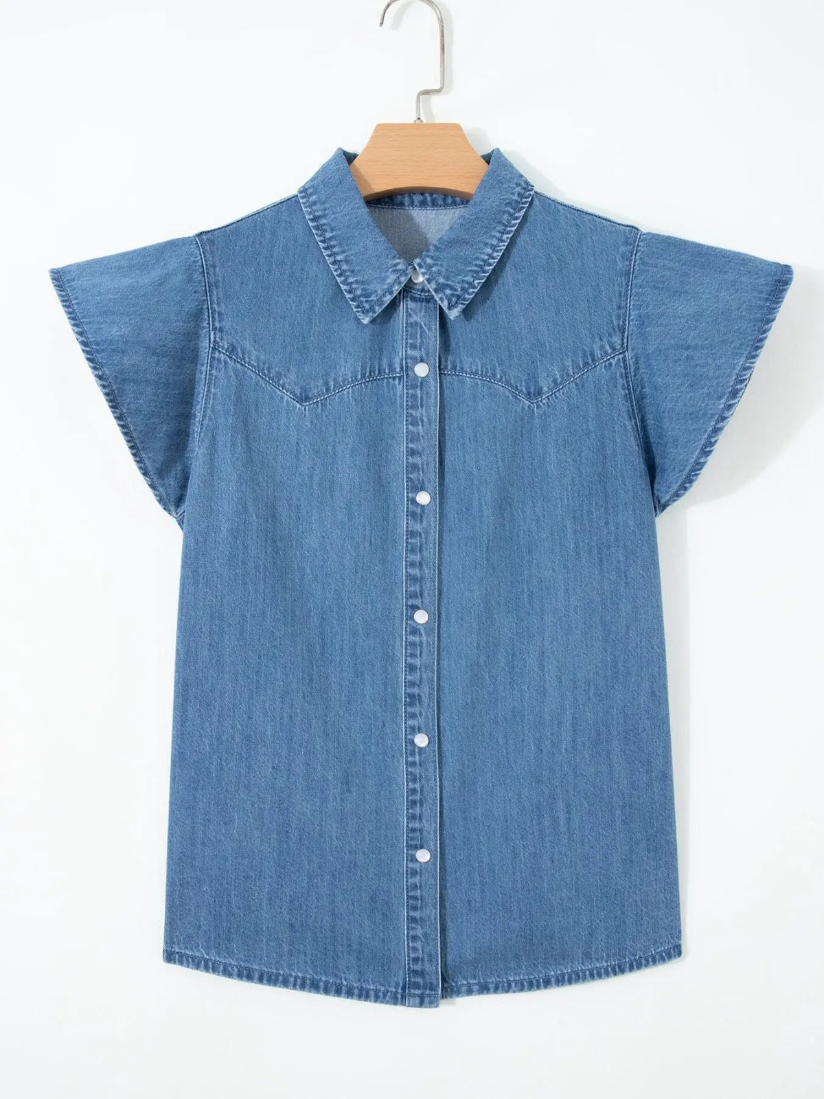 Women's blue denim button-up blouse with short sleeves and front placket