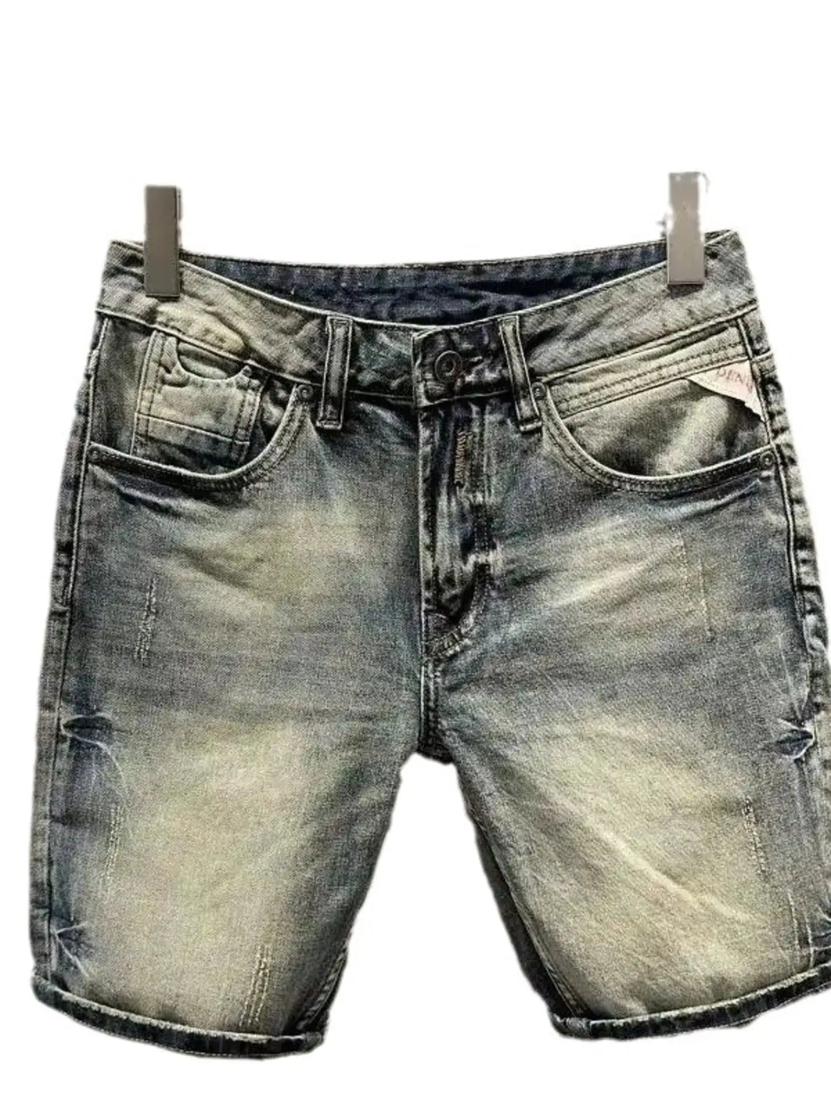 Men's washed denim stretch shorts, lightweight relaxed fit, light blue with rolled cuffs