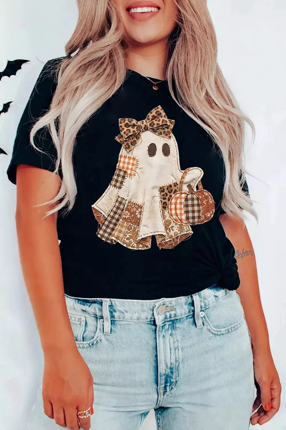 Halloween ghost-applique short-sleeve t-shirt in black with leopard-print bow and patchwork accents plus size