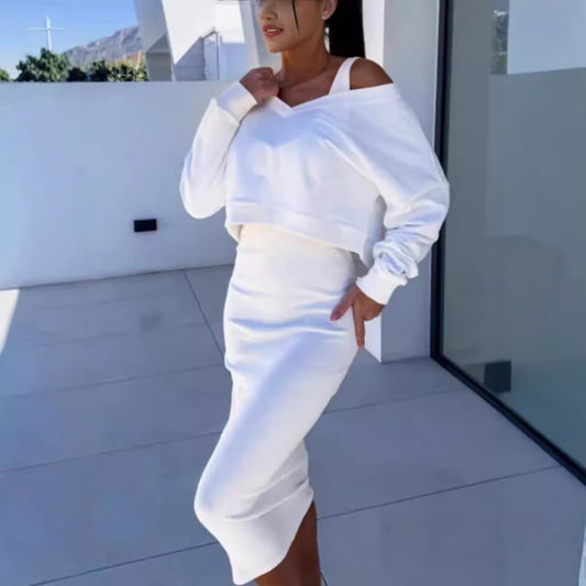 Ensemble deux pièces pour femme : sweat-shirt à manches longues et col en V et robe sans manches