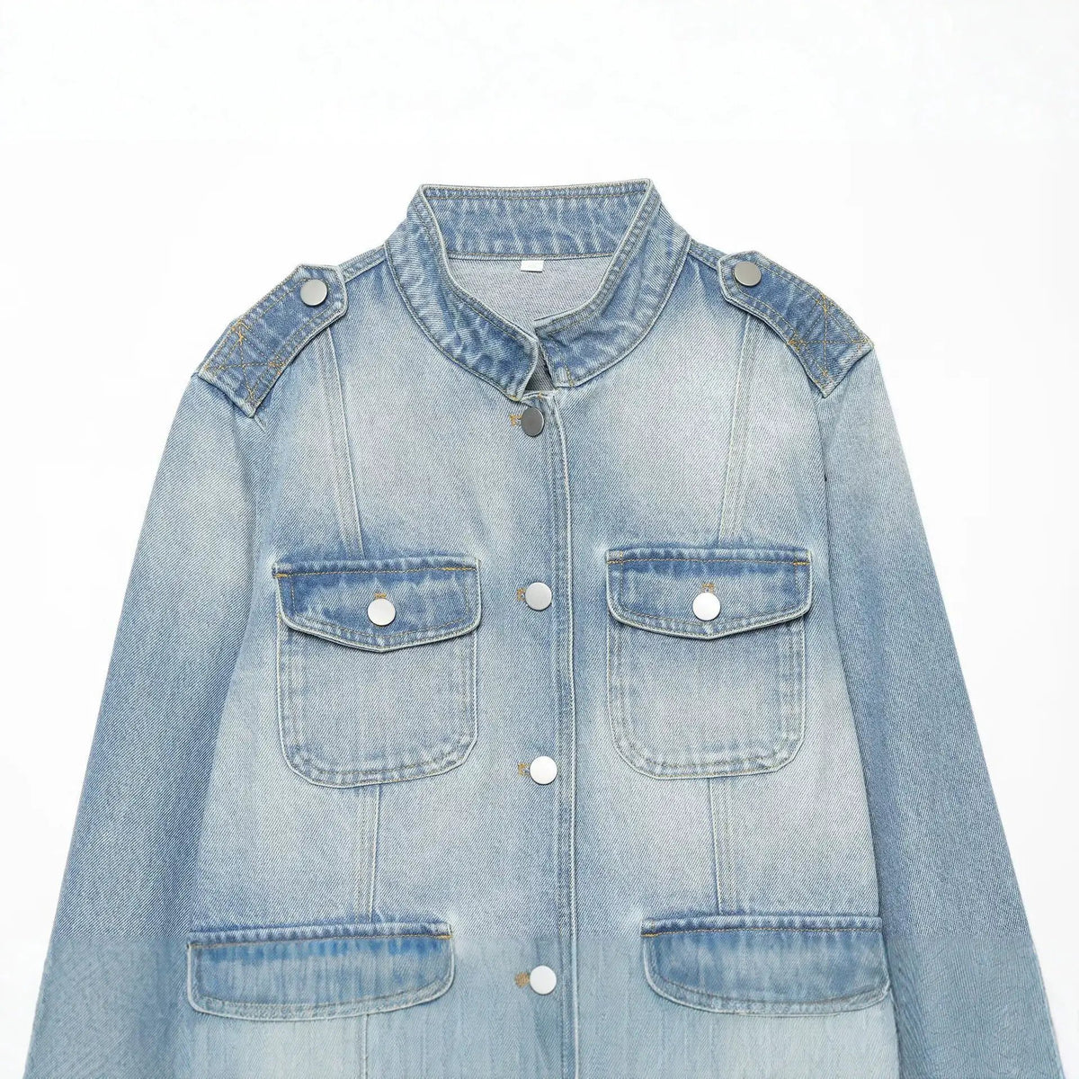 Women’s stand-collar blue denim trucker jacket with button front by eprolo