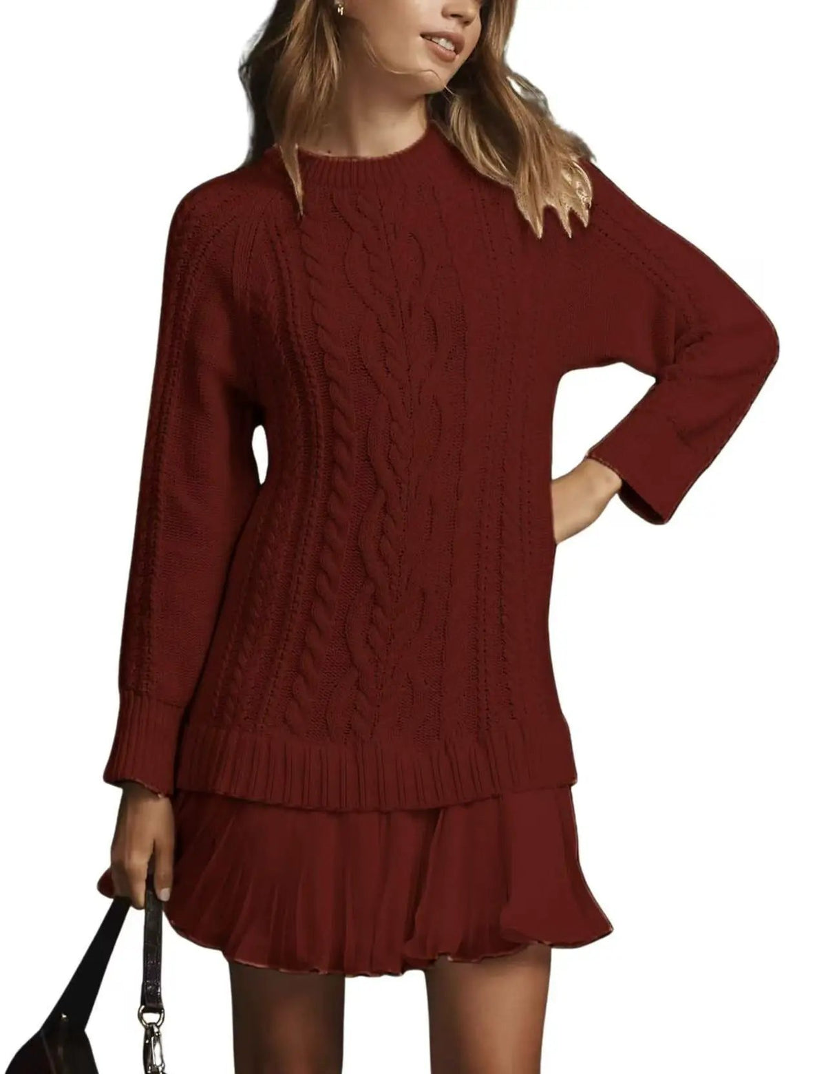 Women's burgundy cable-knit sweater with ribbed hem; relaxed fit, with matching burgundy skirt (2-piece set)