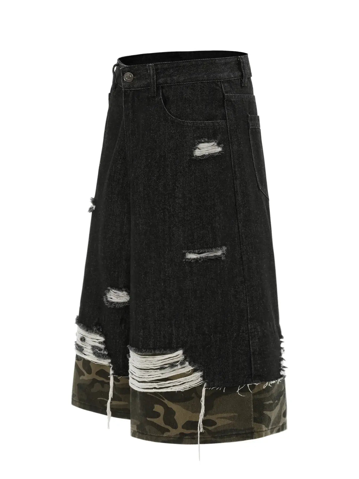 Mens distressed black cotton denim Bermuda shorts with camo trim and ripped detailing