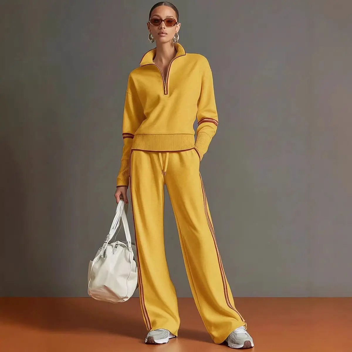 AdTec Womens active cotton long sleeve two-piece yellow tracksuit with red piping
