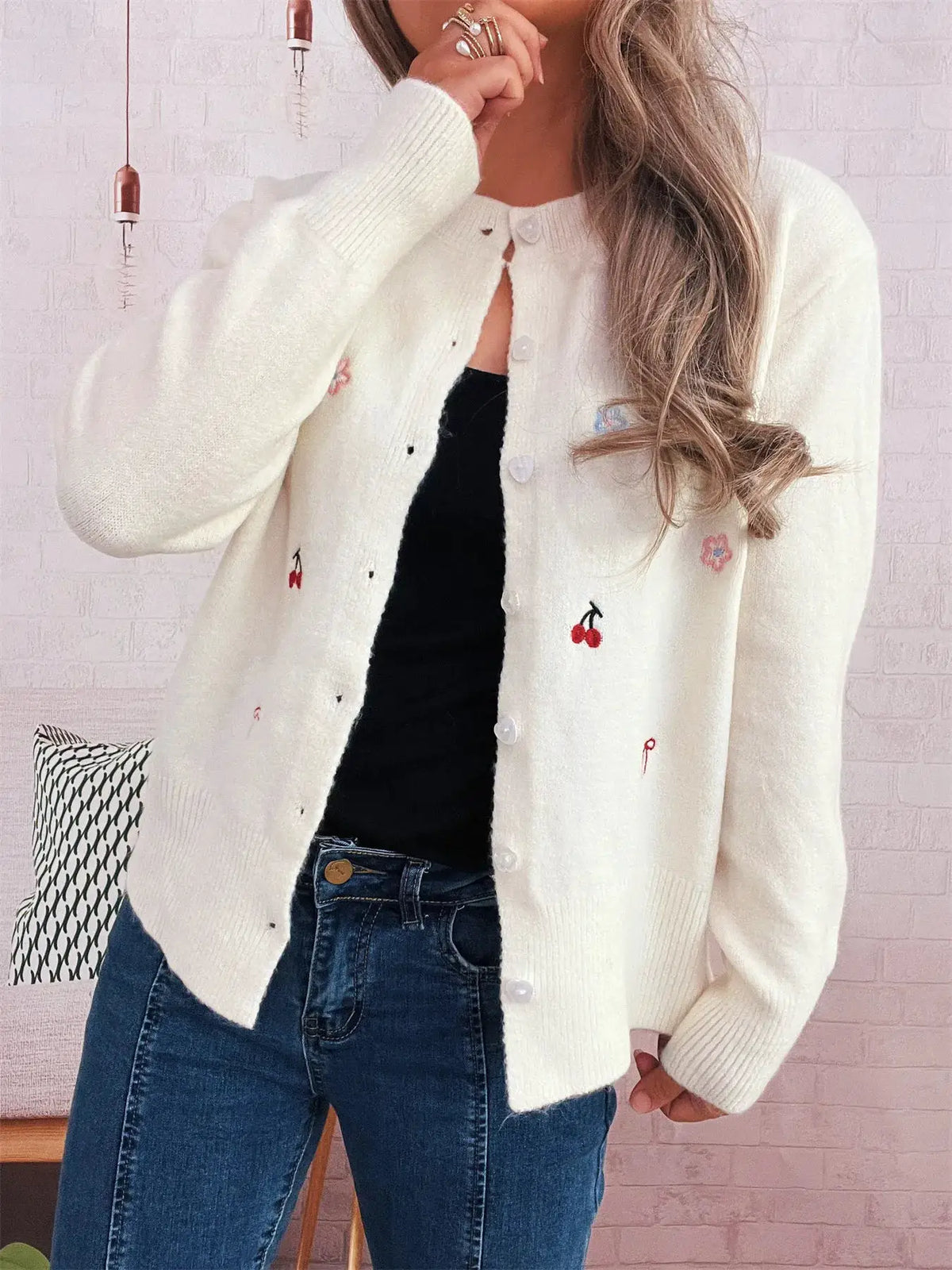 White ribbed knit cardigan, button-front, embroidered cherries and flowers, stretchy layering top