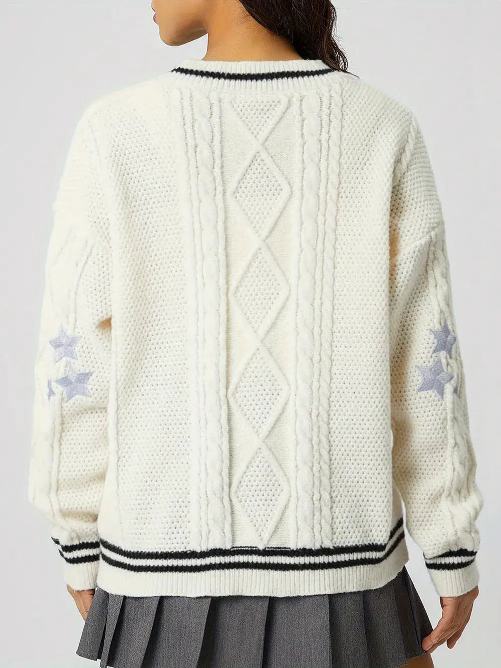 Womens Star Embroidered V-Neck Long Sleeve Knit Cardigan, cream cable-knit with stars on sleeves and black cuffs
