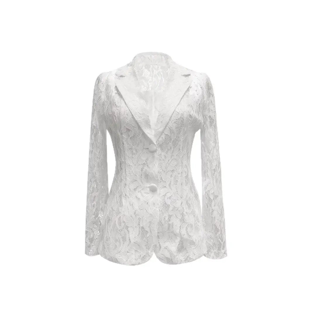 Women's white lace blazer jacket with sheer floral lace, V-neck lapels, lightweight long sleeves, two-button front.