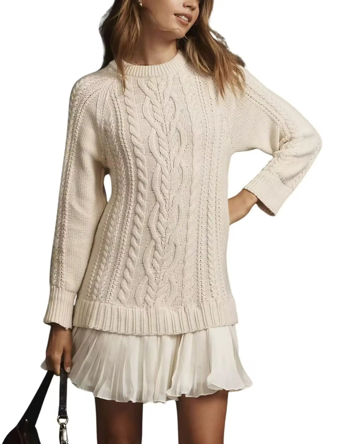Women cable knit sweater and pleated skirt set, cream color, relaxed fit with cable patterns and ribbed hem