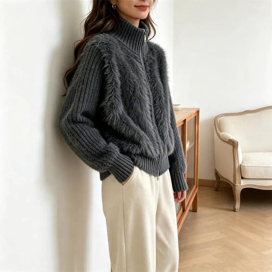 Double zipper stand-collar cardigan by eprolo: dark gray plush, long sleeves.