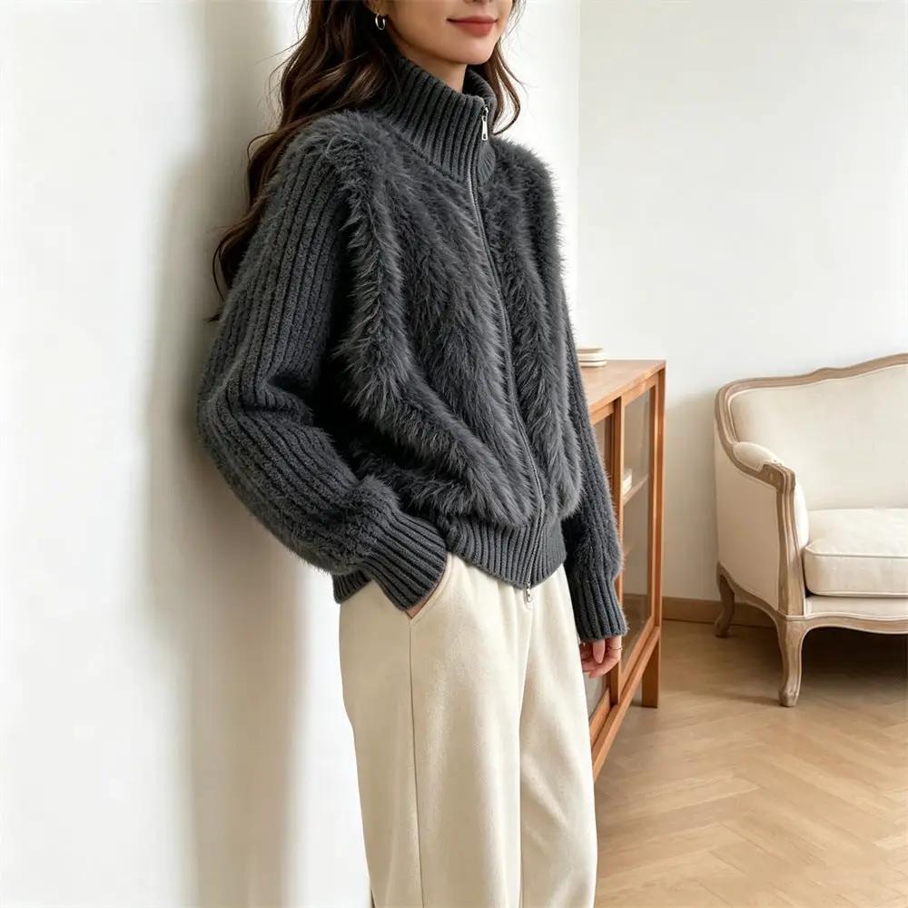 Double zipper stand-collar cardigan by eprolo: dark gray plush, long sleeves.
