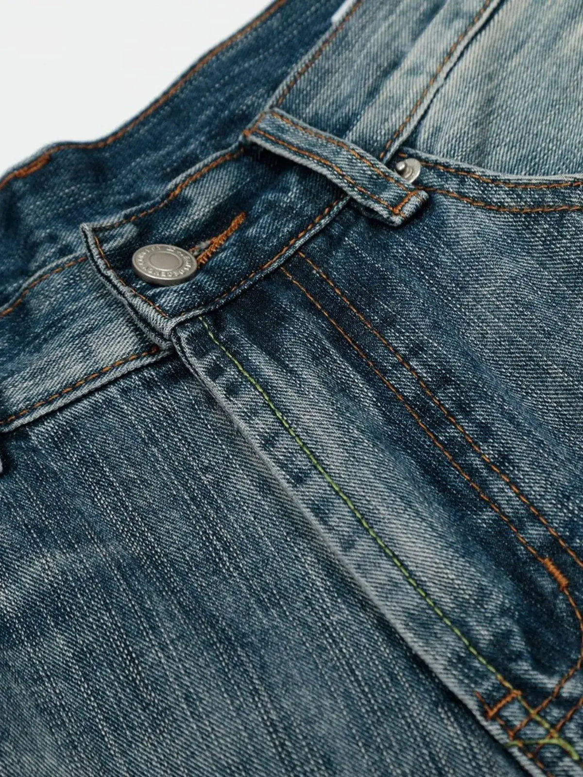 Mens wide-leg washed denim shorts; blue denim fabric with metal button and orange stitching
