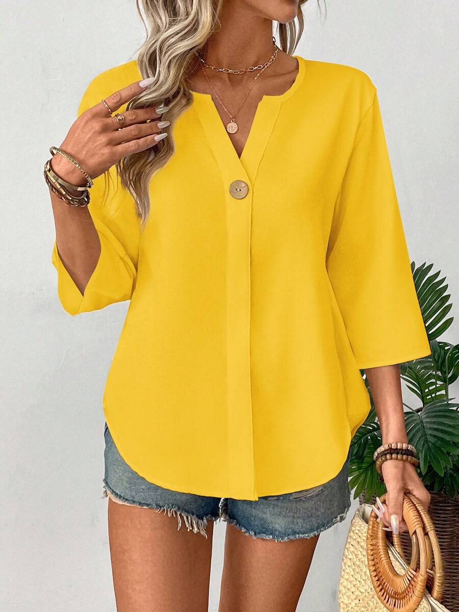 Chemise décontractée unie ample avec petit col en V et boutons