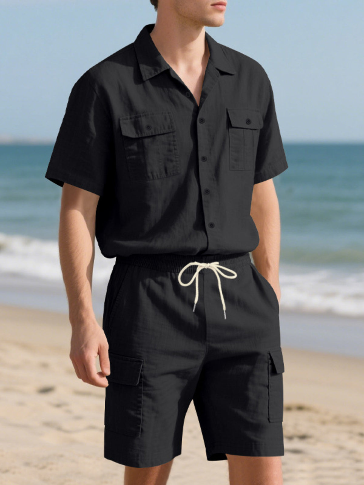 Trendsi men's black full-size two-piece button-up shirt and shorts set with pocketed shirt and drawstring shorts