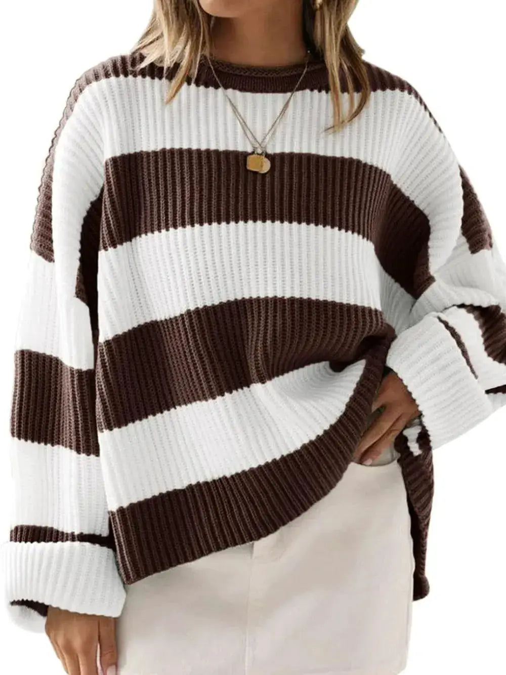 Essential Round Neck Long Sleeve Soft Stretch Sweater white and brown striped knit
