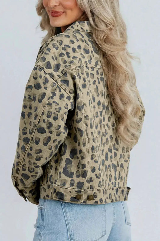Leopard print denim jacket, button-down, tailored cotton-blend; beige with black spots.