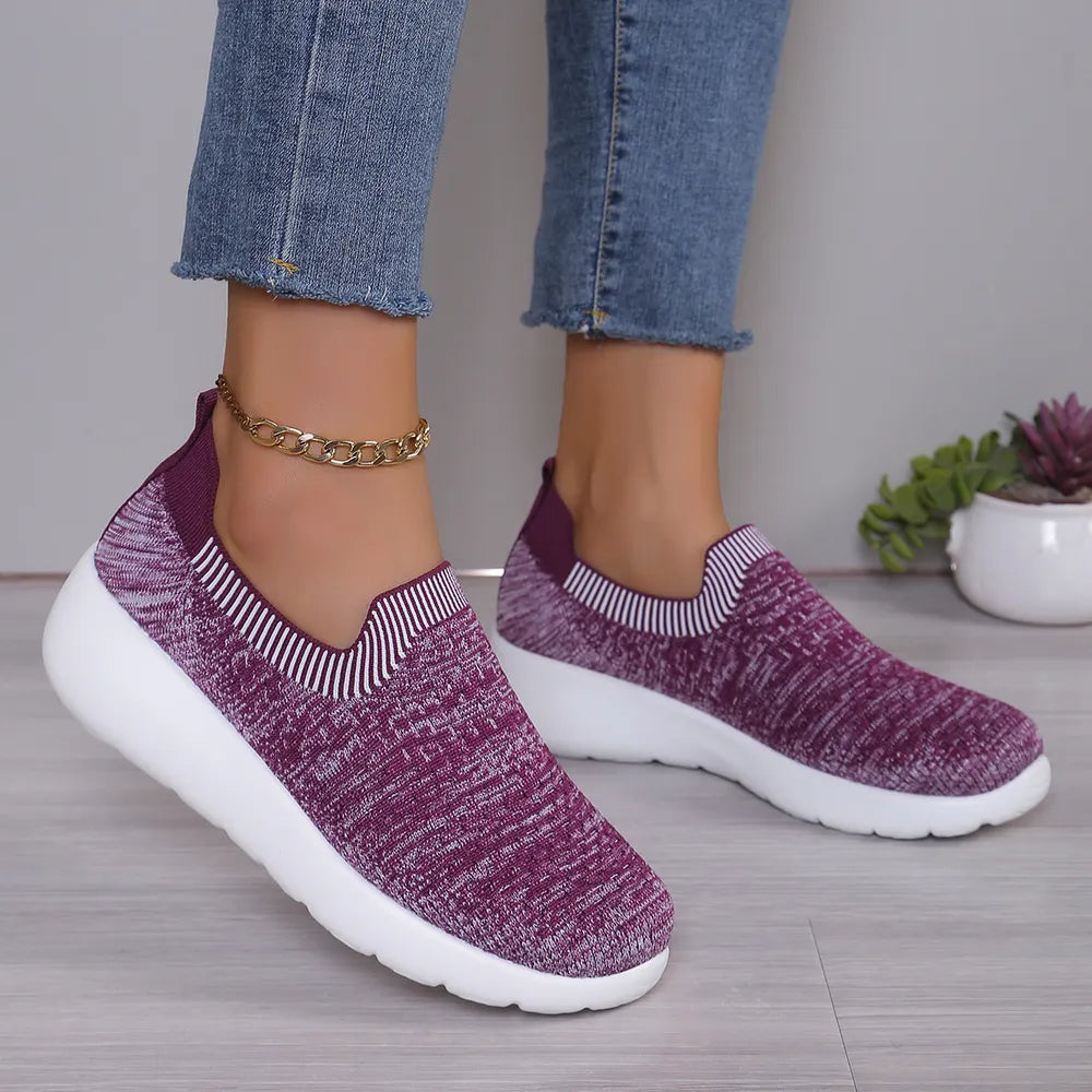 Trendsi breathable round toe mesh slip-on shoes, purple knit upper with white sole, pair