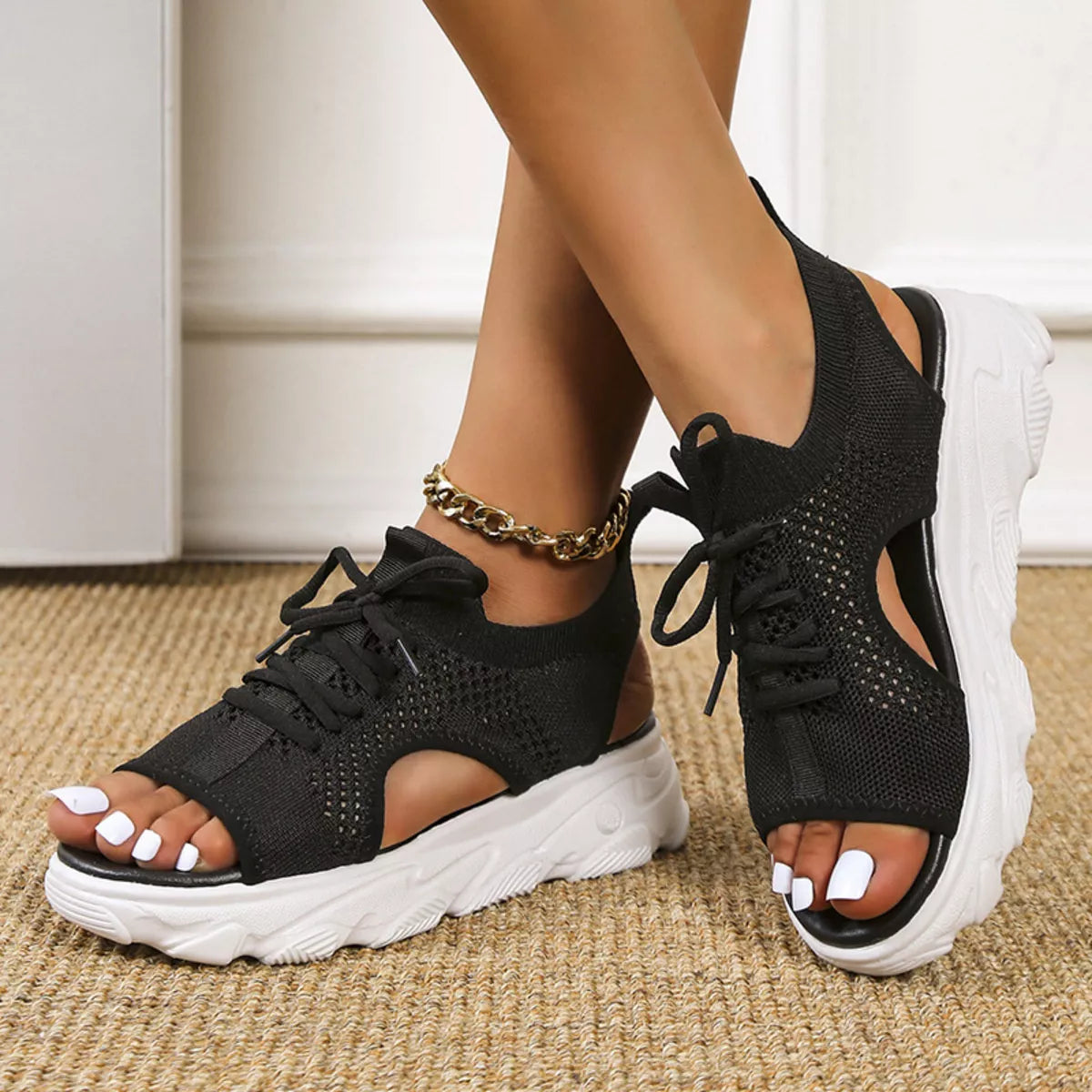 Breathable mesh lace-up platform sandals, black knit upper with open-toe and chunky white sole