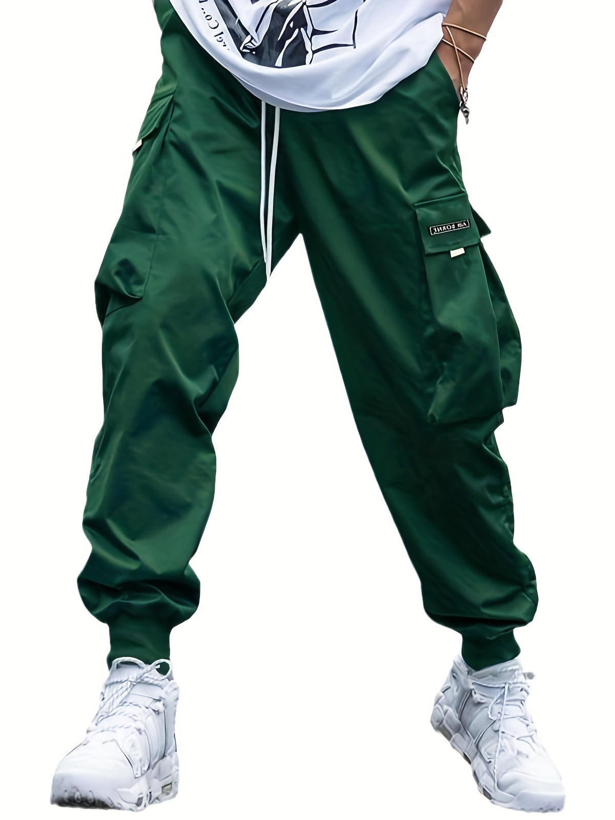 Men's green multi-pocket cargo pants with drawstring waist and side cargo pockets