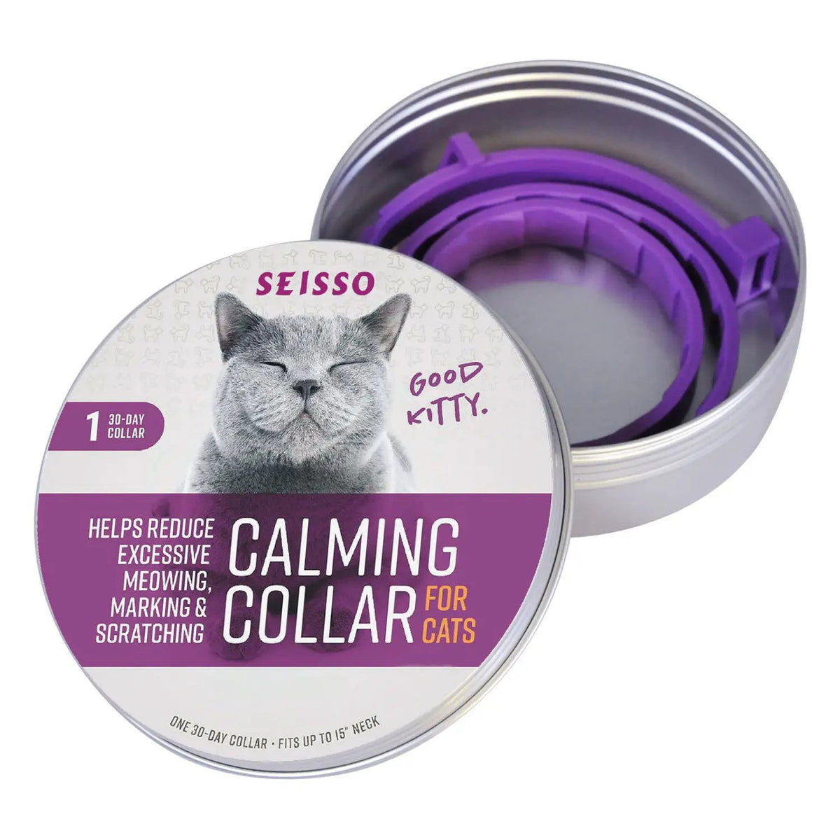 Calming collar for cats by AdTec, purple 30-day collar in tin case.