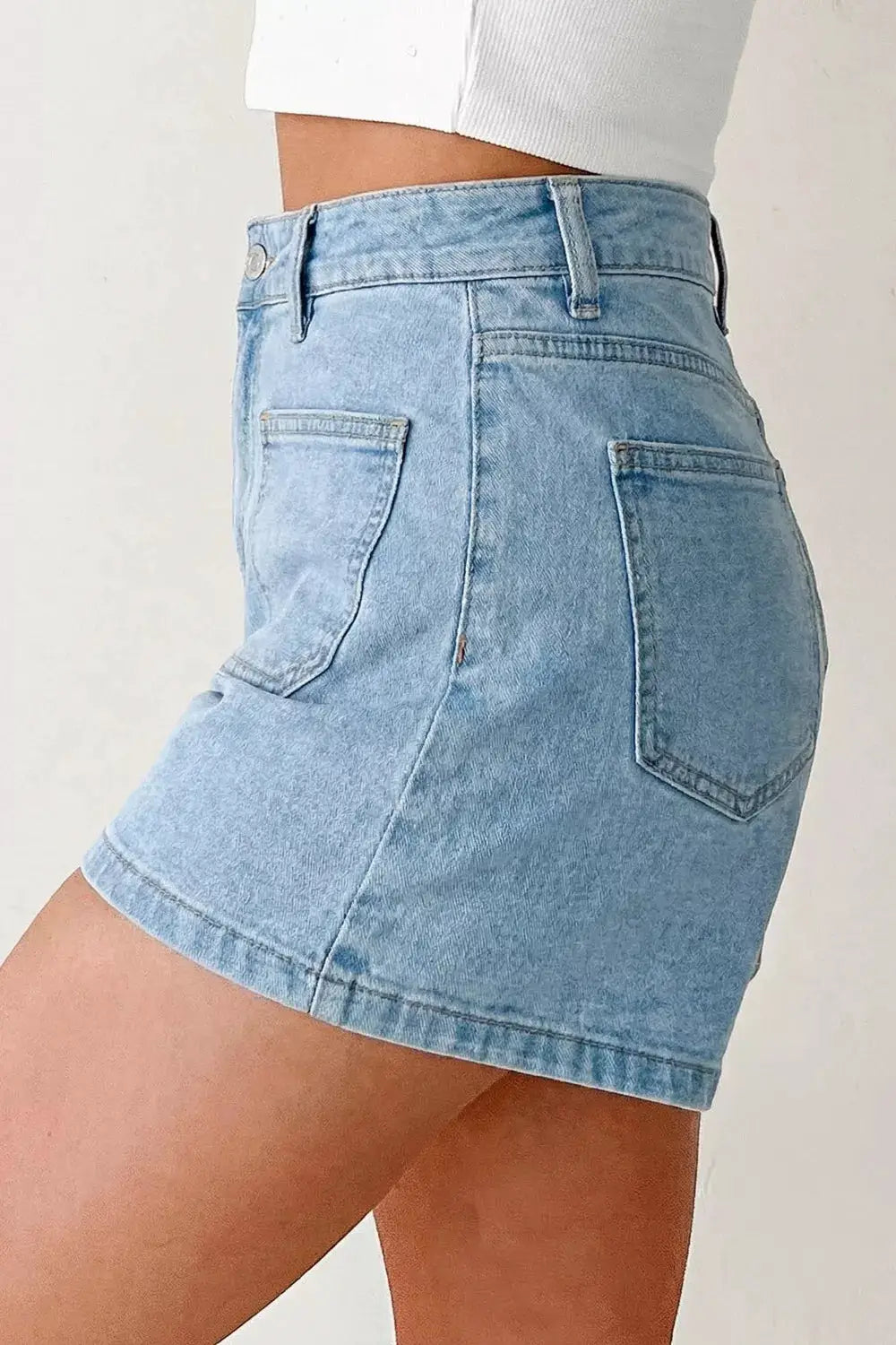 High Rise Patch Pocket Denim Shorts by Trendsi in light wash blue denim