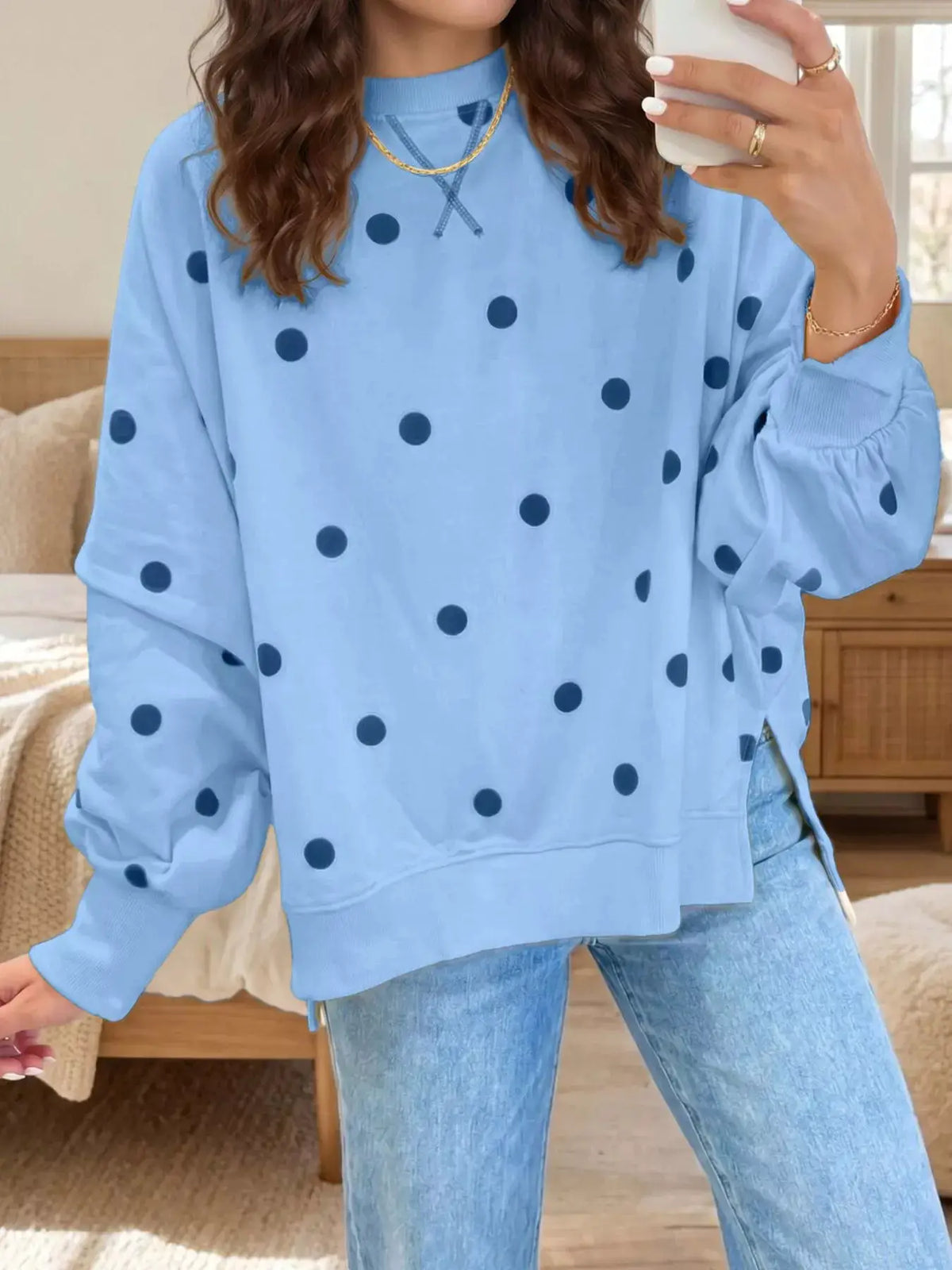 Side Slit Polka Dot Oversized Sweatshirt in light blue with navy dots