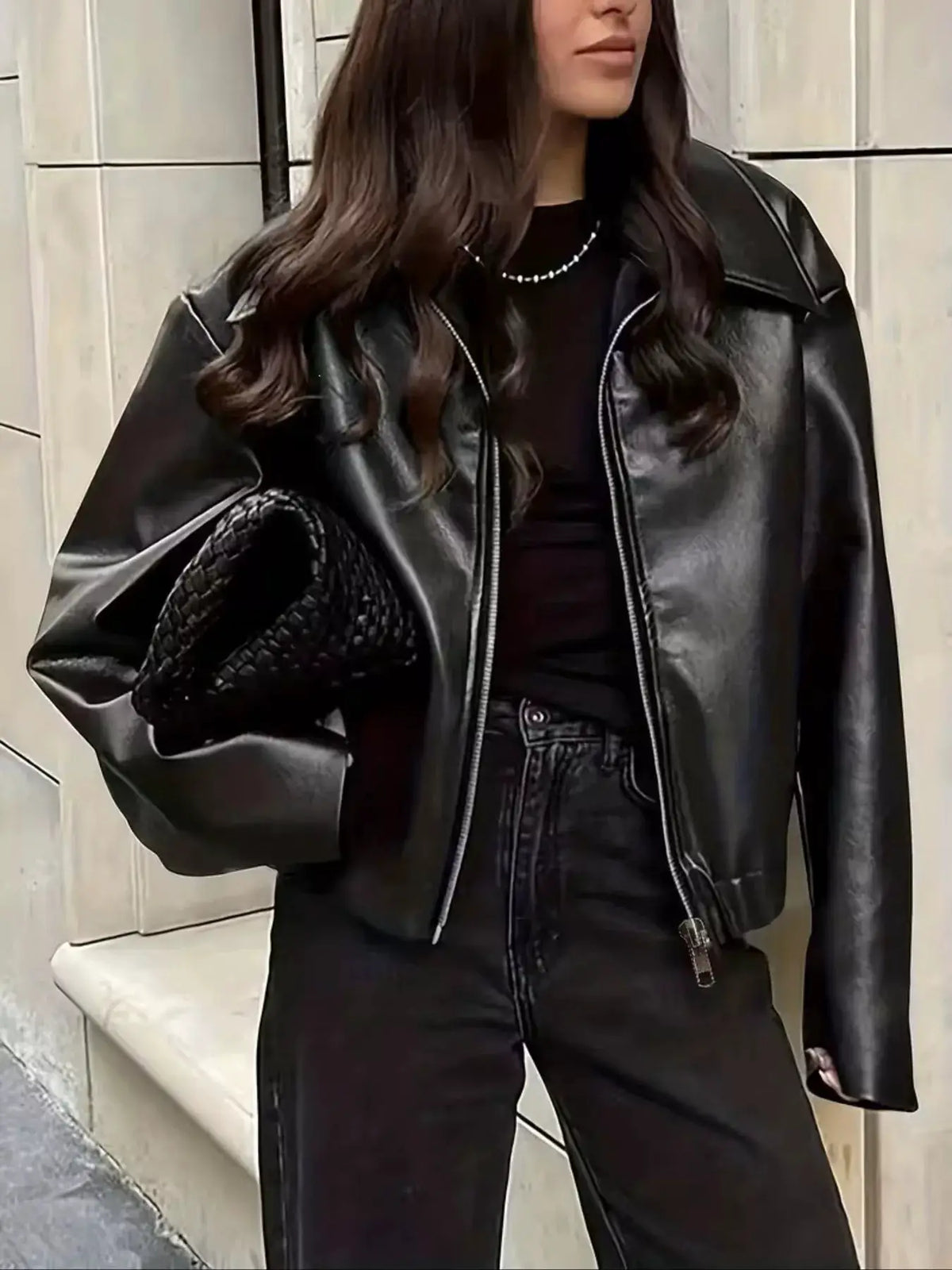 Trendsi oversized black faux leather moto jacket with full zip front