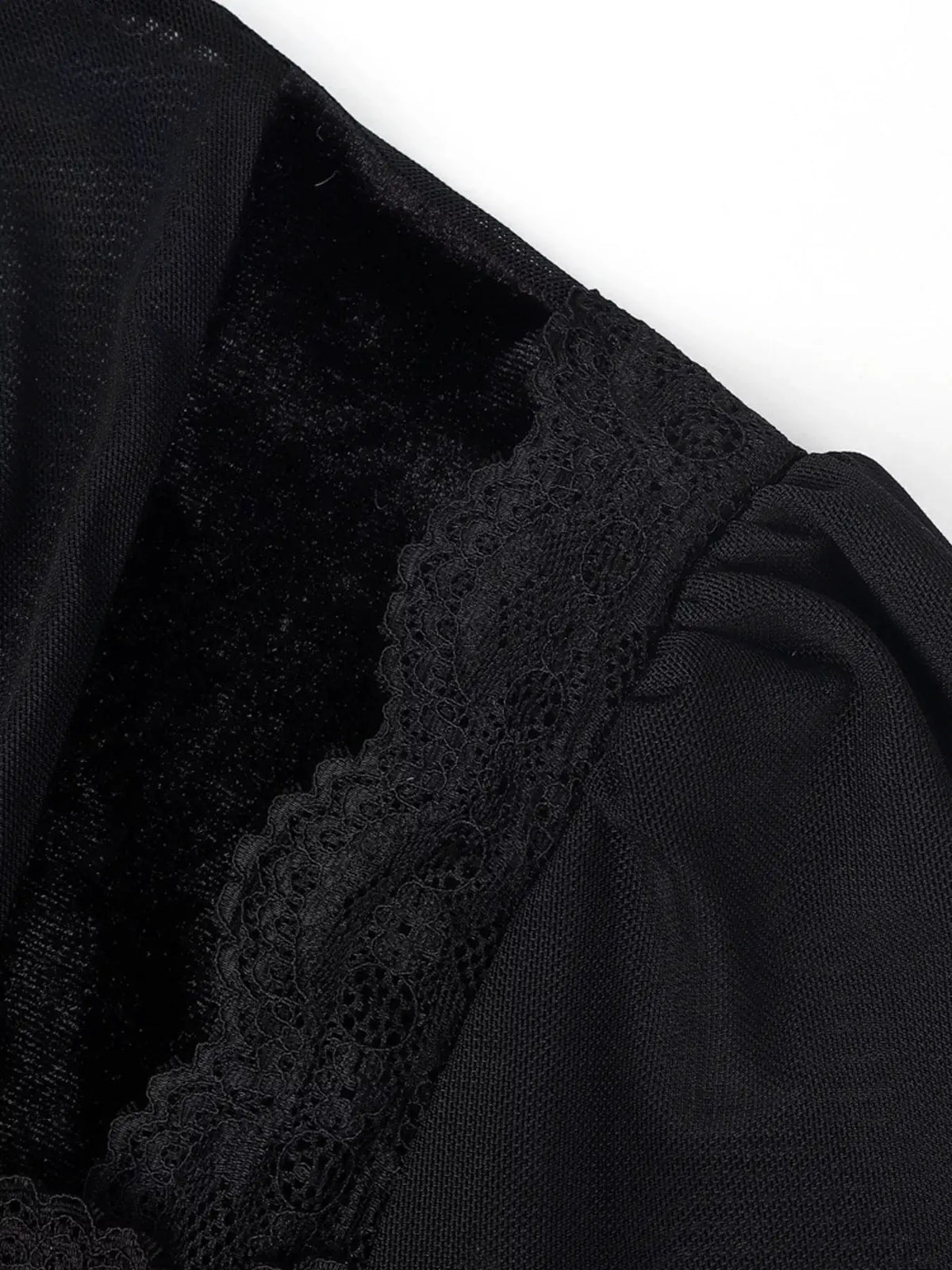 Lace Trim Velvet Sheer Sleeve Blouse by Trendsi in black velvet with lace trim