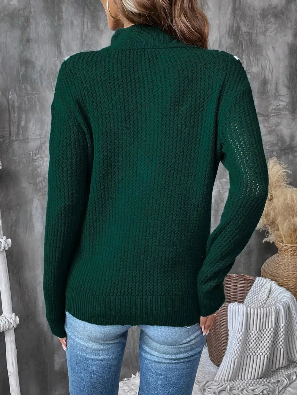 Perfee dark green knit long-sleeve sweater, viscose-nylon blend