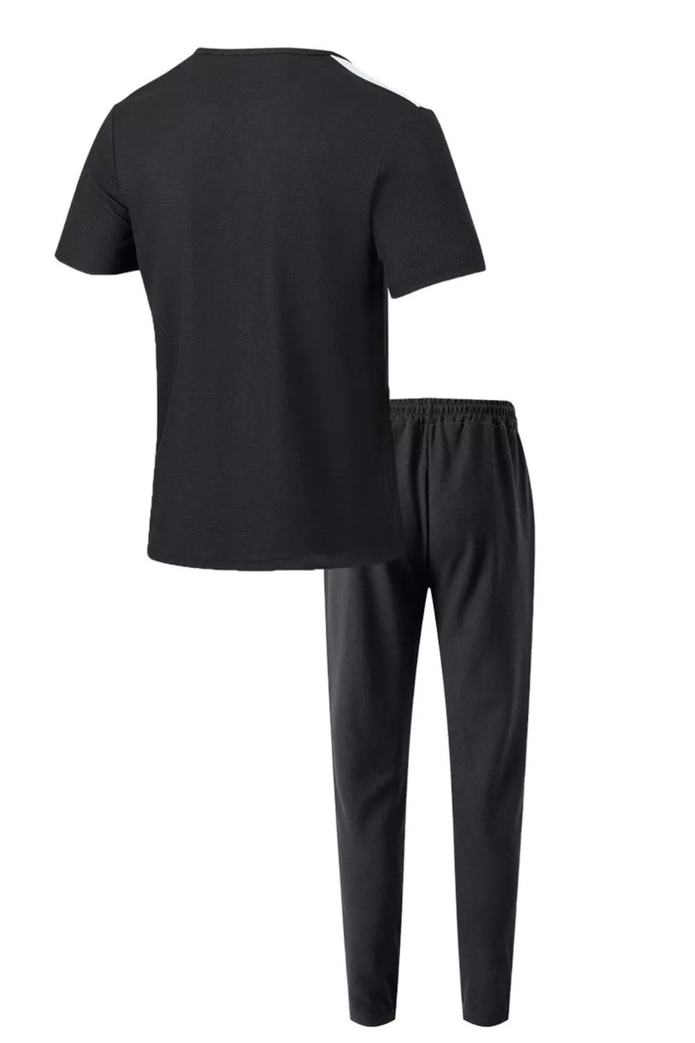 Men's black 2-piece casual loungewear set with short-sleeve top and elastic-waist pants, plus size