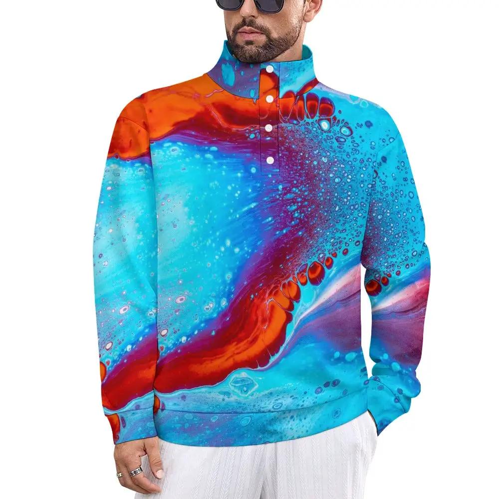 Men's stand-up collar long-sleeve sweatshirt in multicolor abstract print, soft-touch fabric
