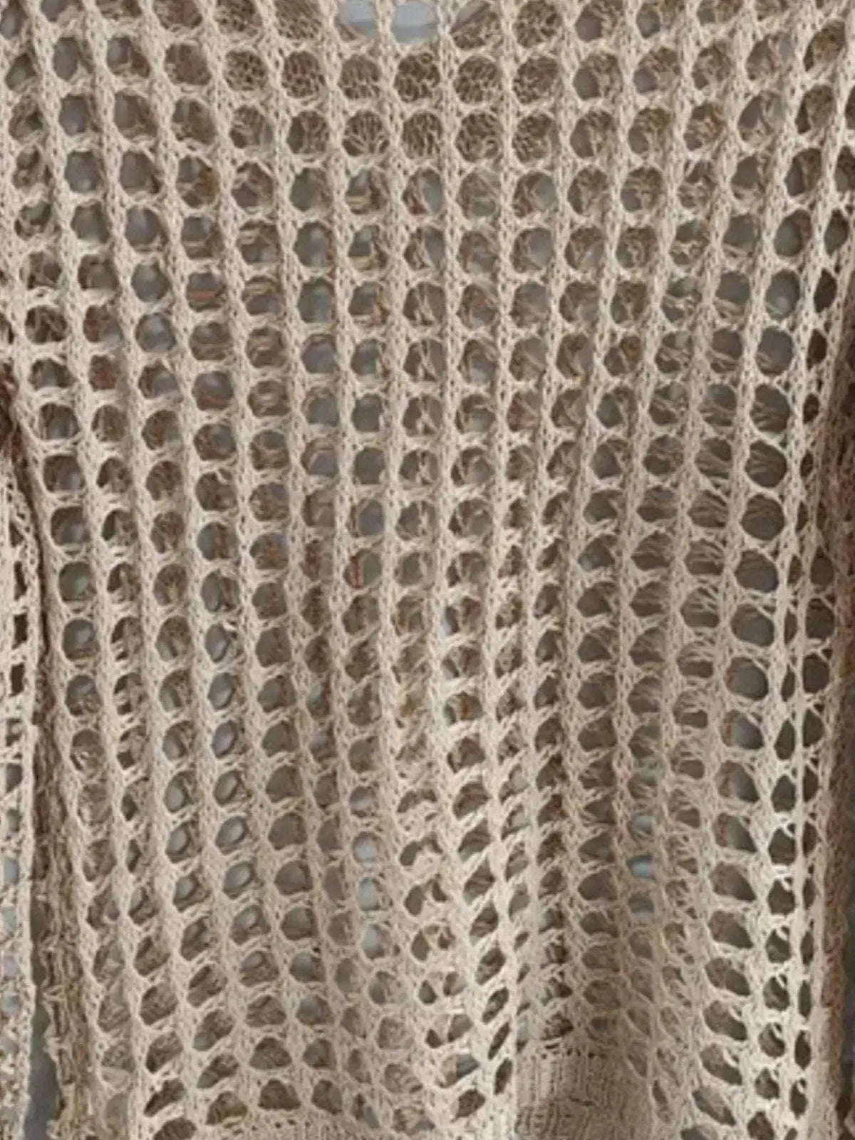 Lightweight crochet long sleeve knit cover up by Trendsi, oversized beige beach cardigan.
