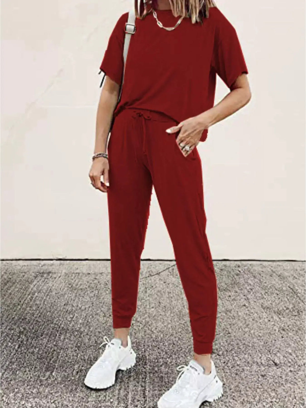 Full Size Round Neck Top and Drawstring Pants Set, red plus-size two-piece by Trendsi