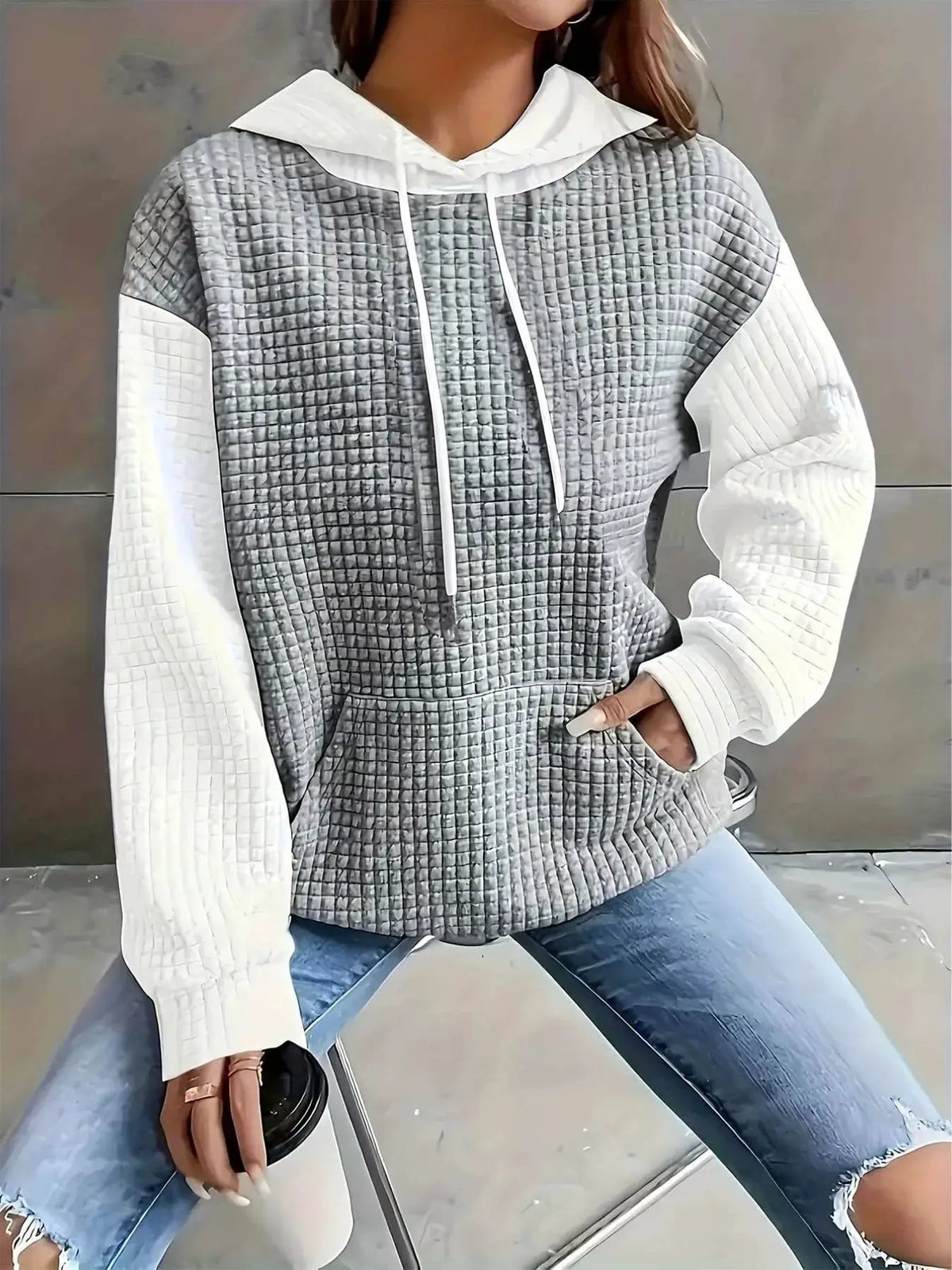 Full Size Textured Kangaroo Pocket Hoodie Plus Size; gray quilted body with white sleeves and hood, Trendsi.