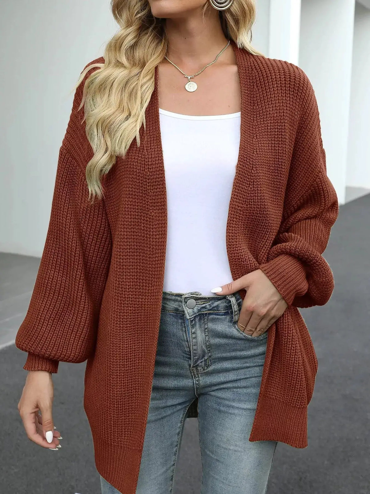 Oversized chunky knit open-front cardigan in rust with stretch fabric