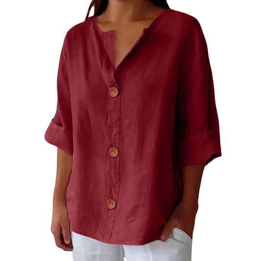 Blusa de mujer de algodón y lino con cuello en V y botones
