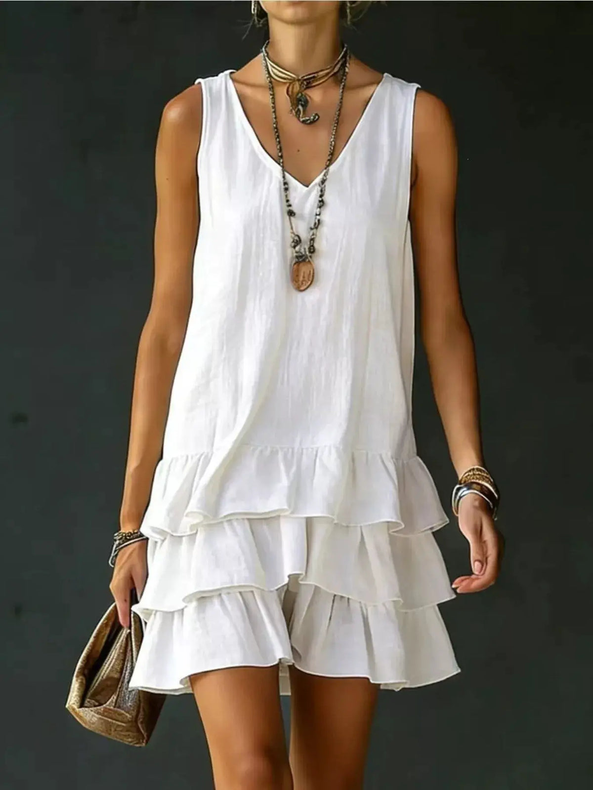 Plus-size white sleeveless V-neck dress with layered ruffled hem by Trendsi