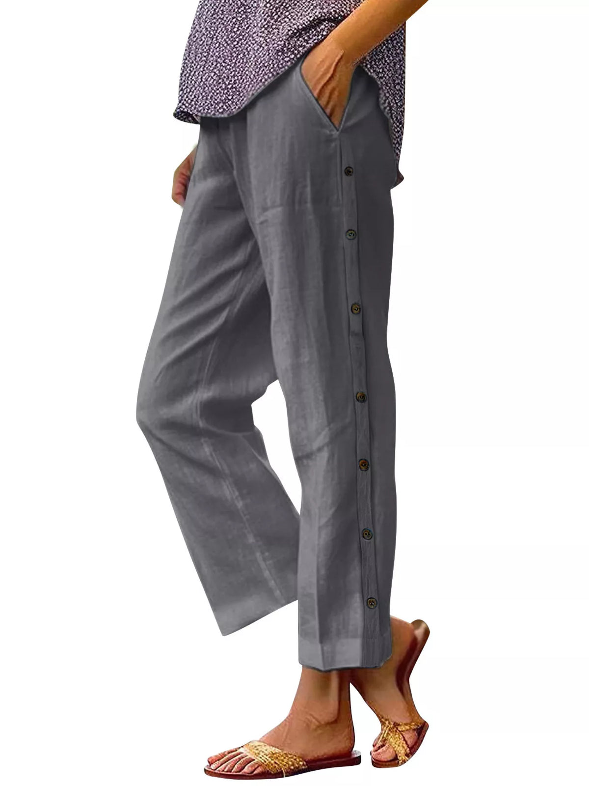 Full Size Side Button Decor Pants by Trendsi, gray plus-size trousers with pockets
