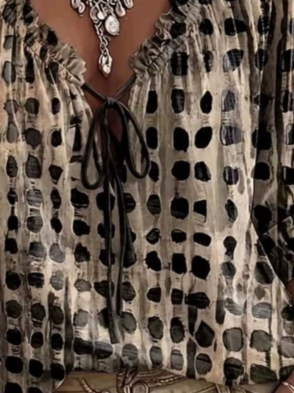 Trendsi plus-size tie-neck blouse, white with black dot pattern and 3/4 sleeves