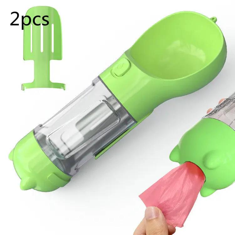 Pet water bottle with feeder bowl, green 2-piece portable dog travel bottle
